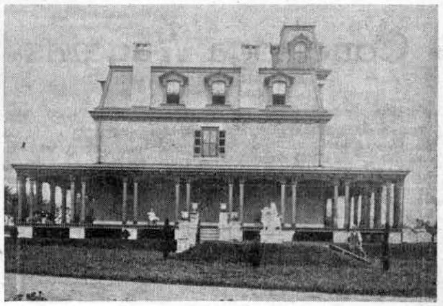 The left side of this picture shows the back view of old Louella House, the front being marked by the stately cupola which still tops the building on its Lancaster avenue side. In the 1860’s this cupola commanded a far flung view over what were then farmlands in all directions. The two wings, to the east and west, were added at a later date, the eastern wing taking the place of a large greenhouse.
